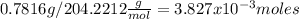 0.7816g / 204.2212\frac{g}{mol} = 3.827x10^{-3} moles