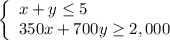 \left\{\begin{array}{l}x+y\le 5\\ 350x+700y\ge 2,000\end{array}\right.