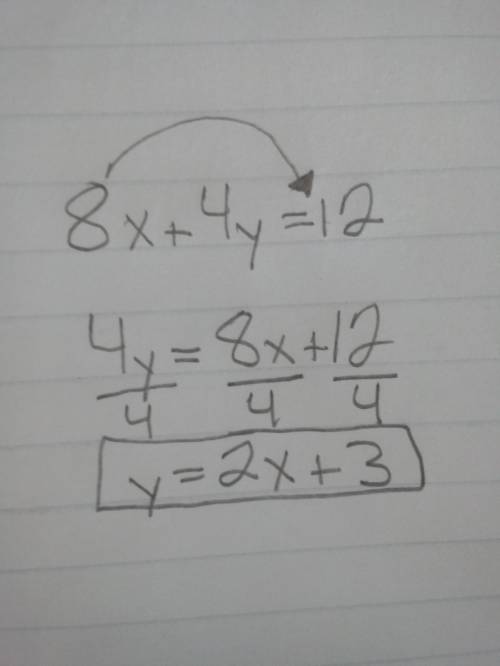 What is the slope-intercept form of this equation?  show all work plz 8x+4y=12