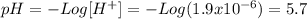 pH = - Log [H^{+} ] = -Log (1.9x10^{-6}) = 5.7