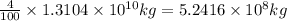 \frac{4}{100}\times 1.3104\times 10^{10} kg=5.2416\times 10^8 kg