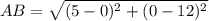 AB = \sqrt{(5-0)^{2}+ (0-12)^{2}