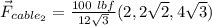 \vec{F}_{cable_2} = \frac{100 \ lbf}{  12 \sqrt{3}} (2,2\sqrt{2},4\sqrt{3})