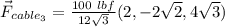 \vec{F}_{cable_3} = \frac{100 \ lbf}{  12 \sqrt{3}} (2,-2\sqrt{2},4\sqrt{3})