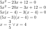5x^2-23x+12=0\\&#10;5x^2-20x-3x+12=0\\&#10;5x(x-4)-3(x-4)=0\\&#10;(5x-3)(x-4)=0\\&#10;x=\dfrac{3}{5} \vee x=4&#10;