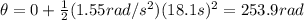 \theta = 0 + \frac{1}{2}(1.55 rad/s^2)(18.1 s)^2=253.9 rad
