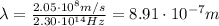 \lambda=\frac{2.05\cdot 10^8 m/s}{2.30\cdot 10^{14}Hz}=8.91\cdot 10^{-7} m