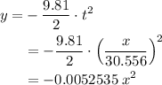 \begin{aligned} y = &-\frac{9.81}{2}\cdot t^{2}\\ &= -\frac{9.81}{2} \cdot \left(\frac{x}{30.556}\right)^{2}\\&= -0.0052535\;x^{2}\end{aligned}