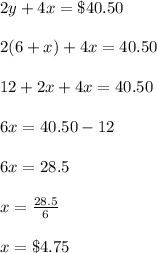 2y+4x=\$40.50\\\\2(6+x)+4x=40.50\\\\12+2x+4x=40.50\\\\6x=40.50-12\\\\6x=28.5\\\\x=\frac{28.5}{6}\\\\x=\$4.75