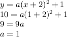 y = a(x + 2)^2+1 \\ 10 = a(1 + 2)^2+ 1 \\ 9=9a \\ a=1