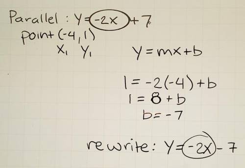 Write the equation of a line that is parallel to y = – 2 + 7 and that passes through the point (-4,1