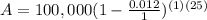 A=100,000(1-\frac{0.012}{1})^{(1)(25)}