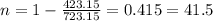 n=1-\frac{423.15}{723.15} =0.415=41.5%