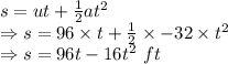 s=ut+\frac{1}{2}at^2\\\Rightarrow s=96\times t+\frac{1}{2}\times -32\times t^2\\\Rightarrow s=96t-16t^2\ ft