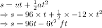 s=ut+\frac{1}{2}at^2\\\Rightarrow s=96\times t+\frac{1}{2}\times -12\times t^2\\\Rightarrow s=96t-6t^2\ ft