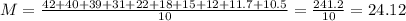 M = \frac{42 + 40 + 39 + 31 + 22 + 18 + 15 + 12 + 11.7 + 10.5}{10} = \frac{241.2}{10} = 24.12