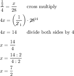 \dfrac{\frac{1}{2}}{4}=\dfrac{x}{28}\qquad\text{cross multiply}\\\\4x=\left(\dfrac{1}{2\!\!\!\!\diagup_1}\right)\cdot28\!\!\!\!\!\!\diagup^{14}\\\\4x=14\qquad\text{divide both sides by 4}\\\\x=\dfrac{14}{4}\\\\x=\dfrac{14:2}{4:2}\\\\x=\dfrac{7}{2}