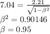 7.04 =\frac{2.21}{\sqrt{1-\beta^2}}\\ \beta^2 = 0.90146\\ \beta = 0.95