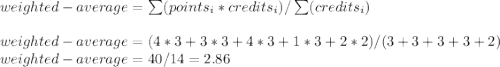 weighted-average = \sum(points_i*credits_i)/\sum(credits_i)\\\\weighted-average = (4*3+3*3+4*3+1*3+2*2)/(3+3+3+3+2)\\weighted-average = 40 / 14 = 2.86
