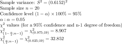 $$Sample variance: $S^2=(0.6152)^2$\\Sample size $n=20$\\Confidence level $(1-\alpha)\times100\%=95\%$\\$\alpha: \alpha=0.05$\\$\chi^2$ values (for a 95\% confidence and n-1 degree of freedom)\\$\chi^2_{\left (1-\frac{\alpha}{2};n-1\right )}=\chi^2_{(0.975;19)}=8.907\\$\chi^2_{\left (\frac{\alpha}{2};n-1\right )}=\chi^2_{(0.025;19)}=32.852\\\\