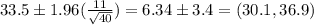 33.5 \pm 1.96(\frac{11}{\sqrt{40}} ) = 6.34 \pm 3.4 = (30.1,36.9)