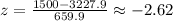 z=\frac{1500-3227.9}{659.9}\approx-2.62