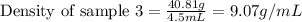 \text{Density of sample 3}=\frac{40.81g}{4.5mL}=9.07g/mL