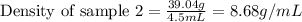 \text{Density of sample 2}=\frac{39.04g}{4.5mL}=8.68g/mL