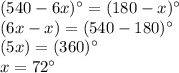 (540-6x)\°=(180-x)\°\\ (6x-x)=(540-180)\°\\ (5x)=(360)\°\\ x=72\°