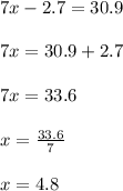 7x-2.7=30.9\\\\7x=30.9+2.7\\\\7x=33.6\\\\x=\frac{33.6}{7}\\\\x=4.8