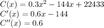 C(x) = 0.3x^{2} -144x+22433\\C'(x)= 0.6x-144\\C''(x)=0.6