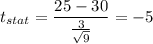 t_{stat} = \displaystyle\frac{25 - 30}{\frac{3}{\sqrt{9}} } = -5