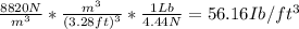 \frac{8820 N}{m^{3} }*\frac{m^{3} }{(3.28ft)^{3} }  *\frac{1Lb}{4.44N} =56.16Ib/ft^3