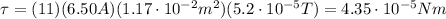 \tau=(11)(6.50 A)(1.17\cdot 10^{-2} m^2)(5.2\cdot 10^{-5} T)=4.35\cdot 10^{-5} Nm