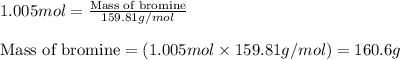 1.005mol=\frac{\text{Mass of bromine}}{159.81g/mol}\\\\\text{Mass of bromine}=(1.005mol\times 159.81g/mol)=160.6g