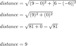 distance=\sqrt{(9-0)^{2}+[6-(-6)]^{2}}\\\\distance=\sqrt{(9)^{2}+(0)^{2}}\\\\distance=\sqrt{81+0}=\sqrt{81}\\\\\\distance=9