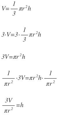 V=1/3πr^2h solve for h.  show work.