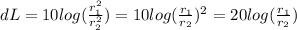 dL= 10 log (\frac{r_1^2}{r_2^2}) = 10 log (\frac{r_1}{r_2})^2=20 log (\frac{r_1}{r_2})
