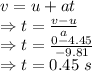 v=u+at\\\Rightarrow t=\frac{v-u}{a}\\\Rightarrow t=\frac{0-4.45}{-9.81}\\\Rightarrow t=0.45\ s