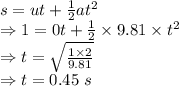 s=ut+\frac{1}{2}at^2\\\Rightarrow 1=0t+\frac{1}{2}\times 9.81\times t^2\\\Rightarrow t=\sqrt{\frac{1\times 2}{9.81}}\\\Rightarrow t=0.45\ s