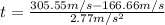 t=\frac{305.55 m/s-166.66 m/s}{2.77 m/s^{2}}