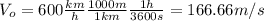 V_{o}=600\frac{km}{h} \frac{1000 m}{1 km} \frac{1 h}{3600 s}=166.66 m/s