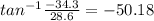 tan^{-1}\frac{-34.3}{28.6}=-50.18