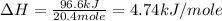 \Delta H=\frac{96.6kJ}{20.4mole}=4.74kJ/mole