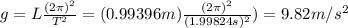 g=L\frac{(2 \pi)^2}{T^2}=(0.99396 m)\frac{(2 \pi)^2}{(1.99824 s)^2})=9.82 m/s^2