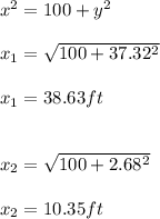 x^2=100+y^2 \\ \\ x_{1}=\sqrt{100+37.32^2} \\ \\ x_{1}=38.63ft \\ \\ \\ x_{2}=\sqrt{100+2.68^2} \\ \\ x_{2}=10.35ft