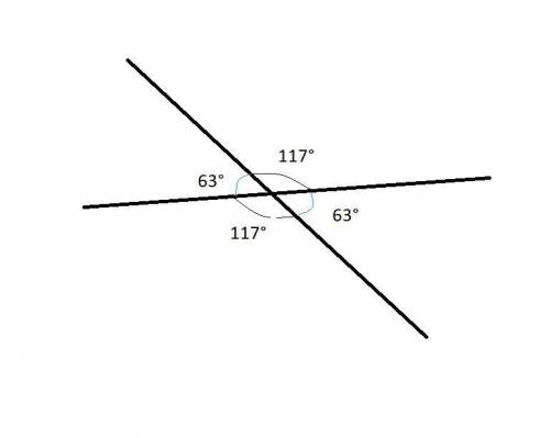 One of the angles formed by two intersecting lines is 117°. what is the measure of the other three a