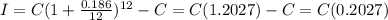 I=C(1+\frac{0.186}{12})^{12}-C=C(1.2027)-C=C(0.2027)