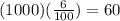 (1000)(\frac{6}{100}) = 60
