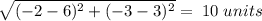 \sqrt{(-2-6)^2+(-3-3)^2} =\;10\;units